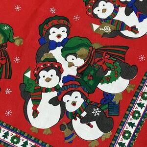 Vtg Christmas Tablecloth Caroling Penguins 1980s Sunweave Linen Corp Red 36x50